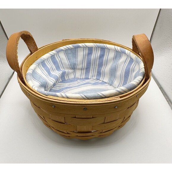 Longaberger Round Basket 1994 With Leather Handles Blue White Fabric Liner 6” - Picture 6 of 9